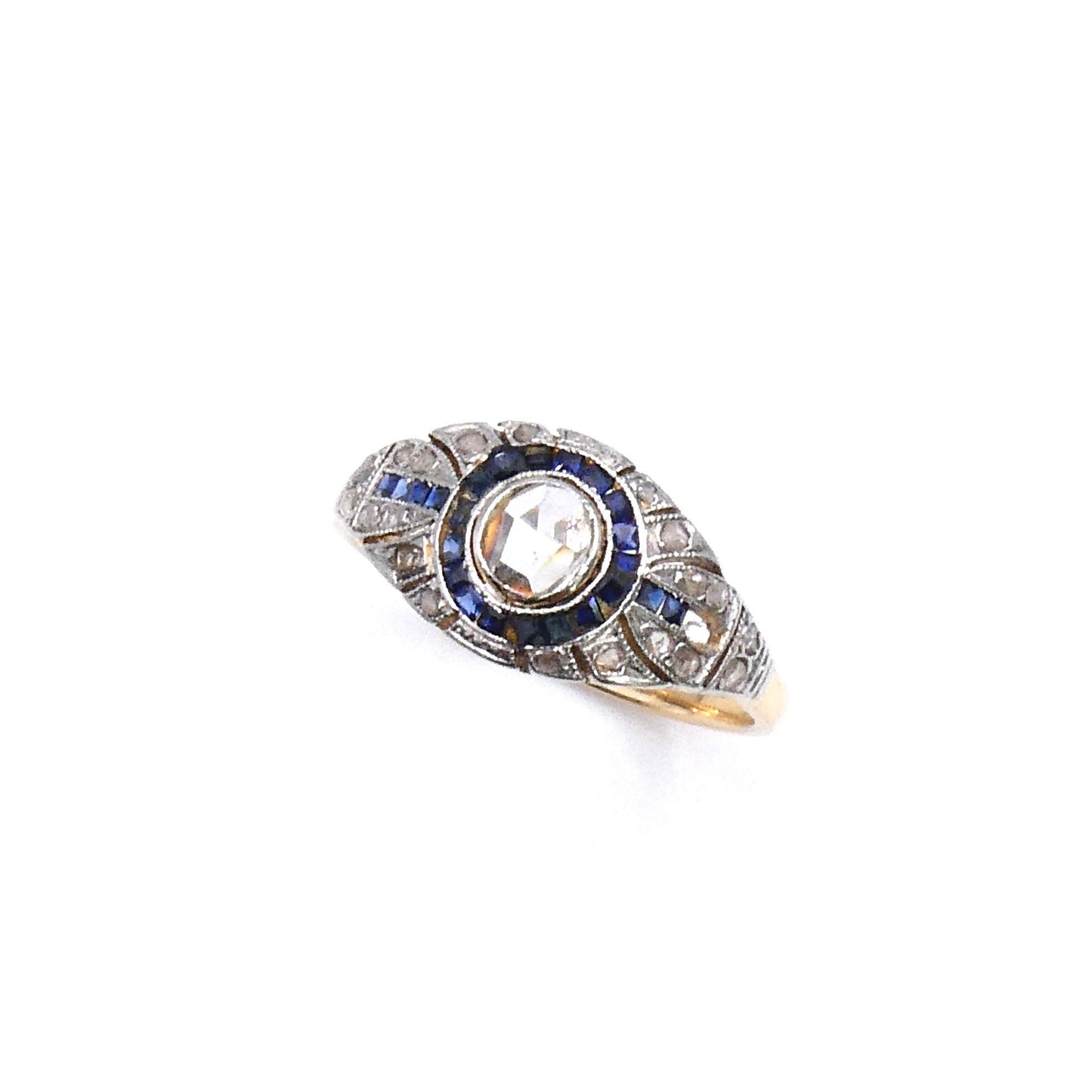 Antique sapphire ring with a rose cut diamond set in 18kt gold, Art Deco sapphire diamond ring.