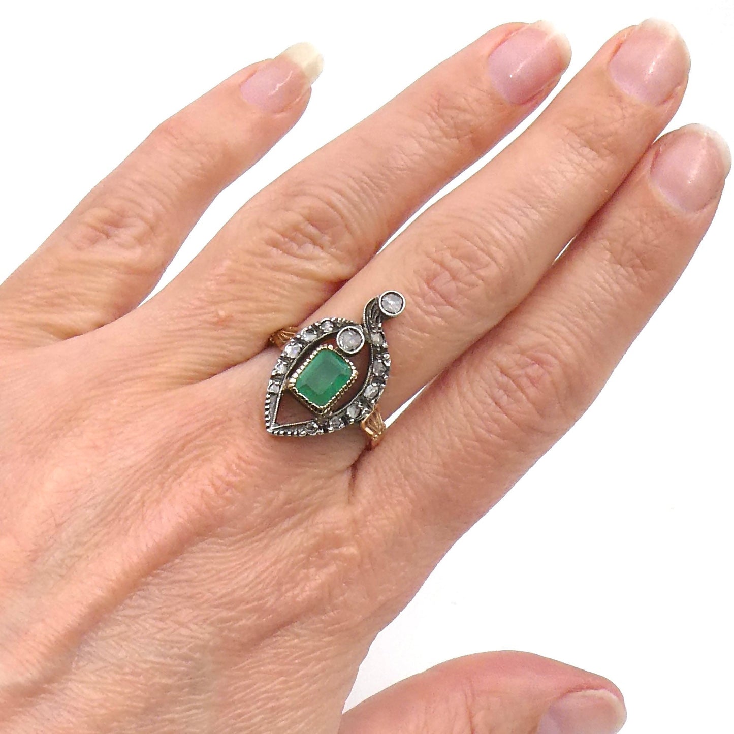 Vintage emerald diamond ring, a heart shaped design with old cut diamonds in gold, vintage emerald ring.