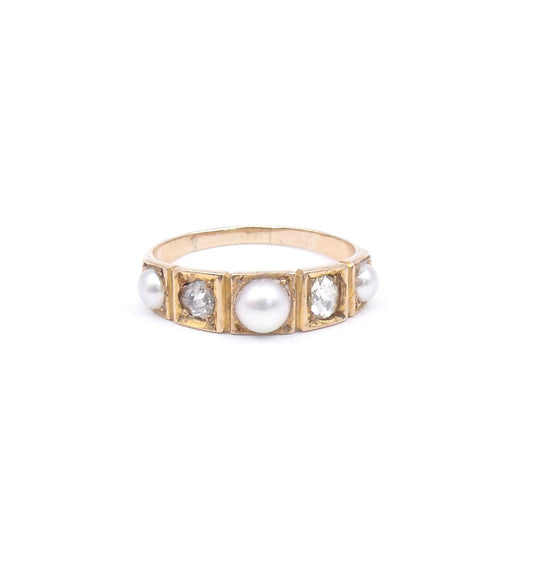 Antique pearl and diamond ring, a victorian ring with alternating gemstones in a square design.