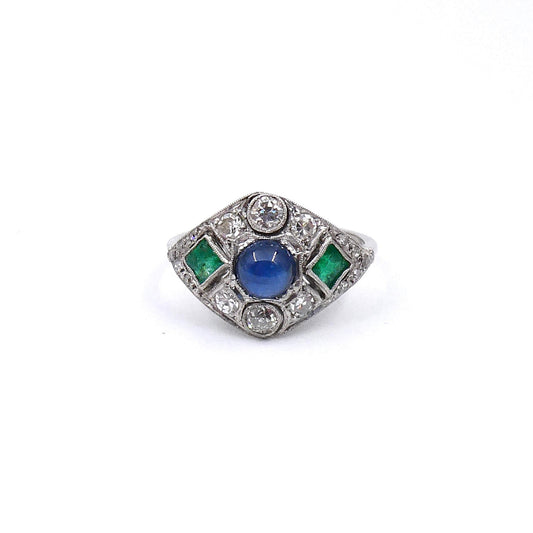 Antique sapphire emerald ring set with diamonds, Art Deco sapphire ring.