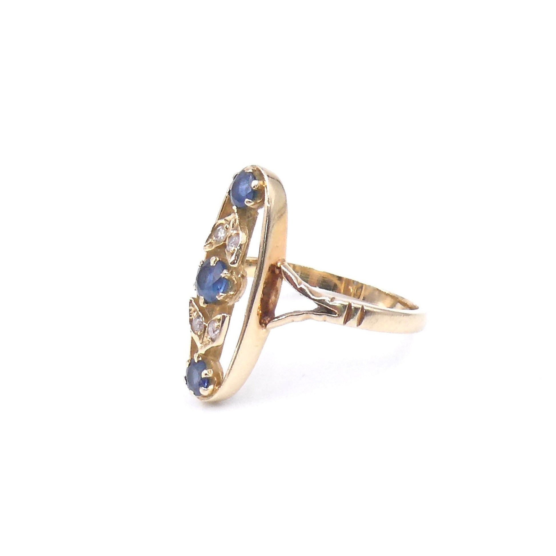 Sapphire diamond navette shaped ring, sapphire ring with diamond set leaf motifs. - Collected
