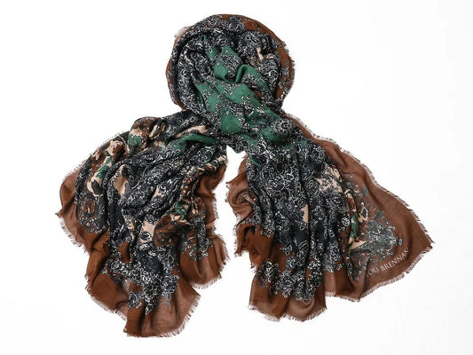 Silk Blended Scarf: Patricia, Rust, Green and Tonal Roses - Collected