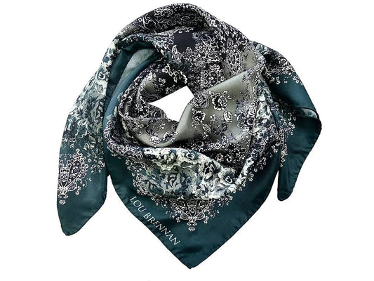 Silk twill scarf Becket, teal and grey. - Collected