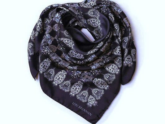 Silk Twill Scarf 'Honora' Black, Slate, Ivory & Old Gold. - Collected