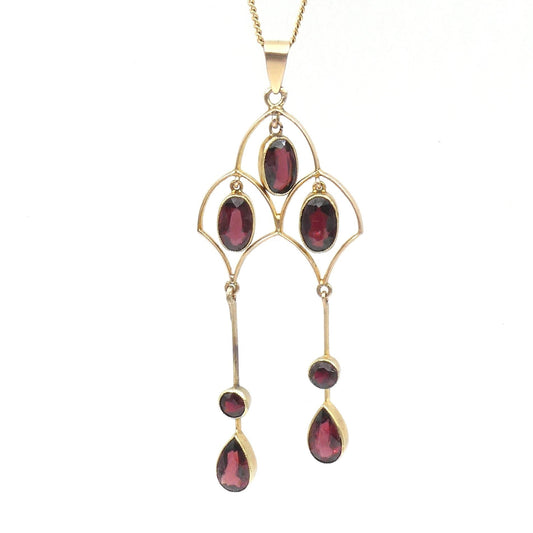 Vintage garnet pendant, pendant with oval, round and pear garnets on a 9kt gold chain. - Collected