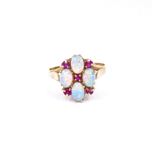 Vintage opal cluster ring in ornate gold setting, ideal opal daisy ring with small rubies. - Collected