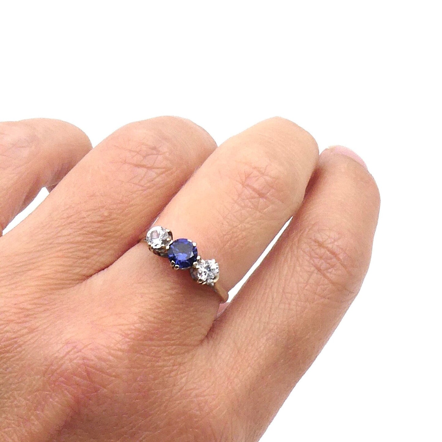 Vintage sapphire ring, three stone ring with a vibrant blue sapphire and quartz. - Collected