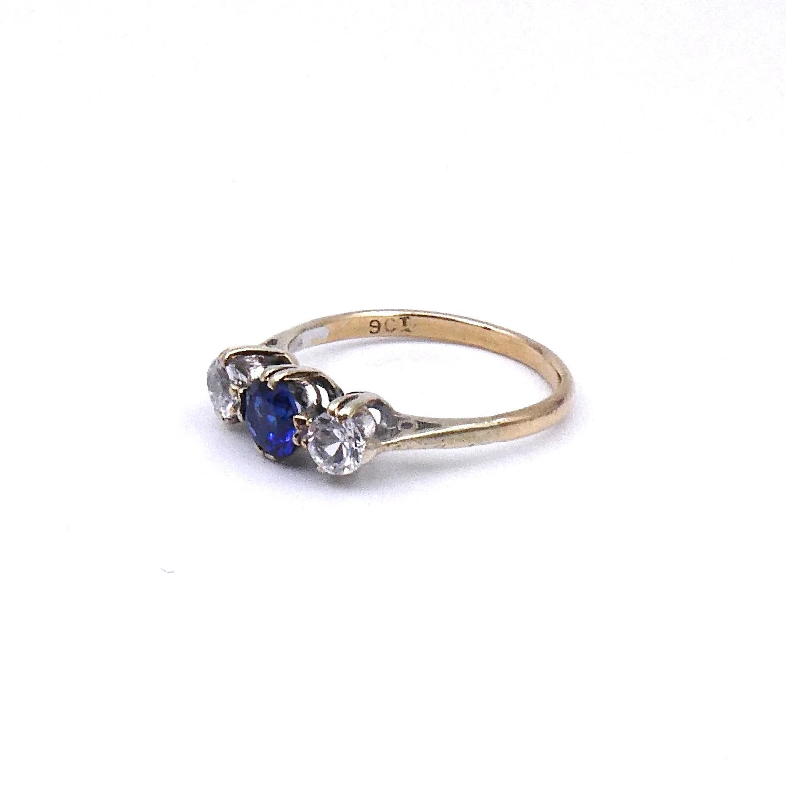 Vintage sapphire ring, three stone ring with a vibrant blue sapphire and quartz. - Collected